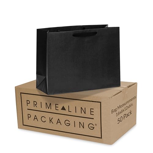 Prime Line Packaging Black Gift Bags with Handles, Kraft Paper Bags for Shopping, Small Business, Boutiques, Custom Retail, Merchandise Bulk, 16x6x12, 50 Pack