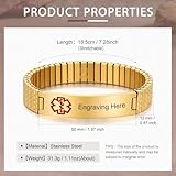 Personalized Medical ID Bracelets for Men - Custom Emergency Alert Bracelet for Women Engraved Medic Info Elastic Stainless Steel Bracelets for Family Autism Allergy Diabetic Epilepsy (Gold, 18cm)