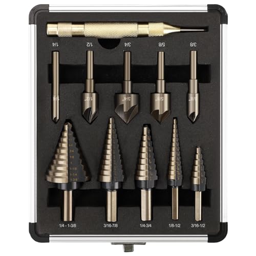 5 Pcs Step Drill Bit & 5 Pcs Countersink Drill Bit Set, Titanium High Speed Steel Step Drill Bit, 50 Sizes of Step Bit for Metal, HSS Step Bit with Aluminum Case for DIY, Multiple Hole Stepped Up Bits