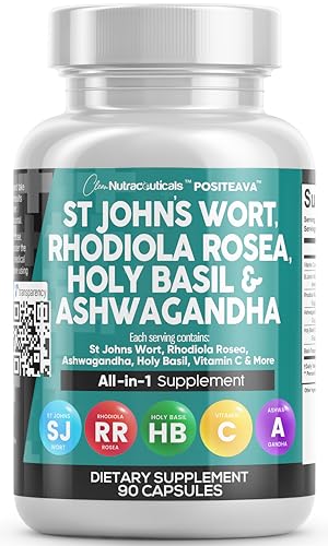 Clean Nutraceuticals St Johns Wort Rhodiola Rosea Holy Basil Ashwagandha - Mood Support for Women and Men with Vitamin C & Black Pepper Extract - 90 Caps