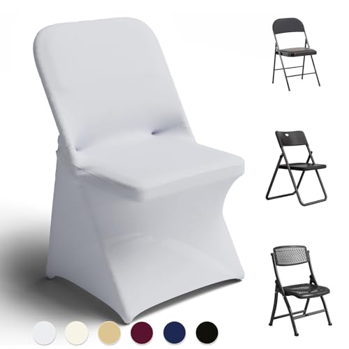 Trlyc Spandex Folding Chair Covers 100 Pcs Waterproof Dining Chair Cover Stretchy Slipcovers for Wedding Party Banquet Flat-Front Chair Covers (White)