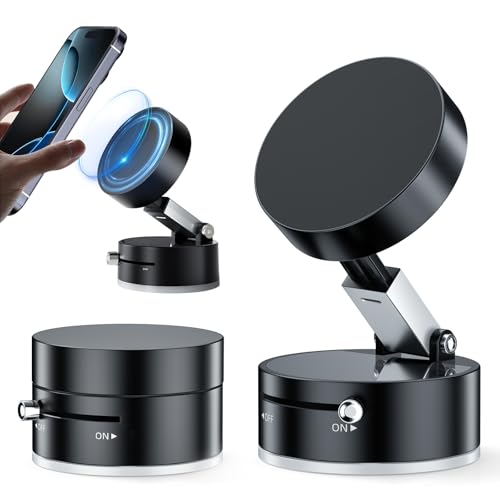 Vacuum Suction Magnetic Phone Holder, Upgrade Magnetic Suction Phone Mount Foldable & Retractable Vacuum Magnetic Phone Stand Double-Sided Magnetic Car Phone Holder for All Phones Car/Mirror/Gym-Black