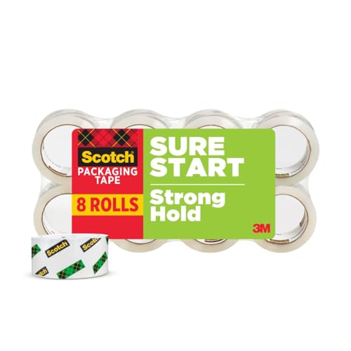Scotch Sure Start Shipping Packaging Tape, 1.88" x 54.6 yd, Designed for Packing, Shipping and Mailing, No Splitting or Tearing, 3" Core, Clear, 8 Rolls (3450-8)