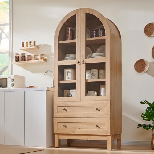 IFGET 71" Tall Arched Kitchen Pantry, Modern Farmhouse Wood Kitchens Storage Cabinets with 2 Large Drawers and Adjustable Shelves, Versatile Cupboard for Kitchen, Dining Room, Bathroom, Natrual