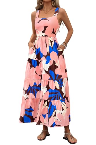 PRETTYGARDEN Women's Summer Floral Maxi Dress Sleeveless Smocked Ruffle Long Flowy Beach Vacation Boho Sundresses (Floral Coffee Pink,Small)