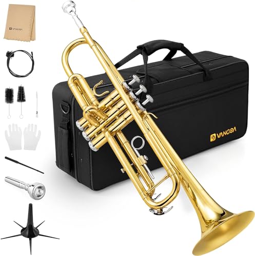 Vangoa Bb Trumpet Brass Standard Gold Trumpet Instrument for Student School Band Orchestra Adult Kid Beginner with Hard Case, Stand, Cleaning Kit, White Gloves, Valve Oil and 7C Mouthpiece