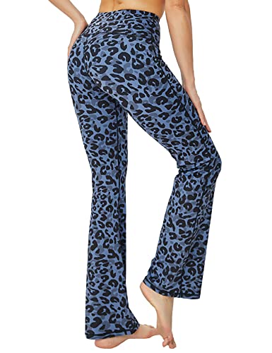 BUBBLELIME 29"/31"/33"/35"/37" 4 Styles Women's High Waist Bootcut Yoga Pants - Basic Printed_Navy_Leopard L-29 Inseam