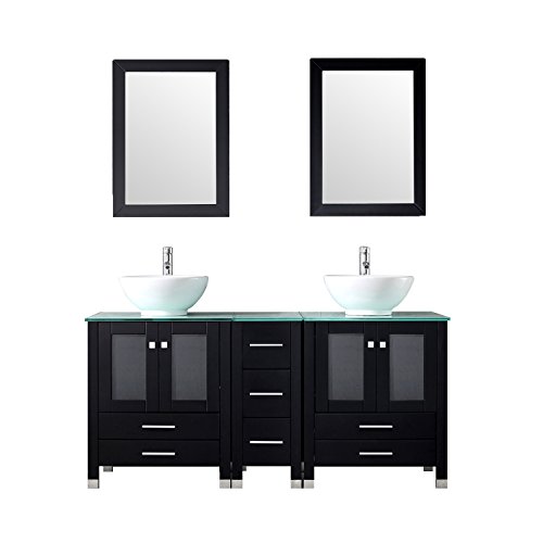 wonline 60" Black Double Wood Bathroom Vanity Cabinet and Round Ceramic Sink w/Mirror Combo Wash Basin with Faucet