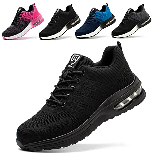 Steel Toe Shoes for Man Woman Puncture Proof Work Shoes Lightweight Indestructible Safety Shoes Breathable Industrial Construction Shoes Pure Black 7.5 Woman/6 Man CN 37