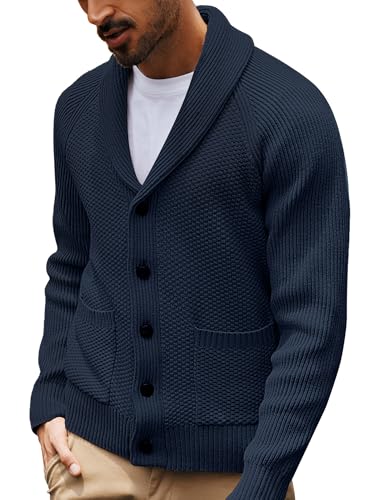 PJ PAUL JONES Men Casual Sweater Shawl Collar Cardigan Sweater Long Sleeve Cardigan with Buttons Dark Blue