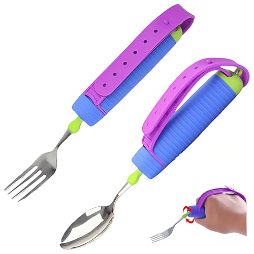 Bendable Adaptive Utensils Spoons Forks Set,Left and Right Handed, for Hand Tremors & Muscle Weakness,Arthritis,Stroke,Parkinson,360 Degree Rotation Weighted Rubber Strap,Eating & Drinking Aids