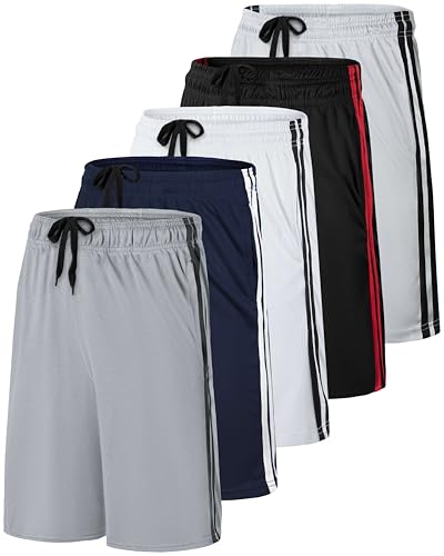 Real Essentials Mens Mesh Shorts Active Wear Athletic Short Men Basketball Pockets Workout Gym Soccer Running Summer Fitness Quick Dry Casual Clothes Sport Training Hiking, Set 6, L, Pack of 5