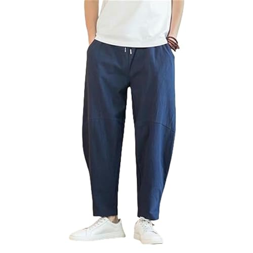 Men's Summer Chinese Style Cotton Linen Loose-Fit Casual Straight-Leg Harem Lantern Carrot Nine-Point Pants k31 Navy Blue L