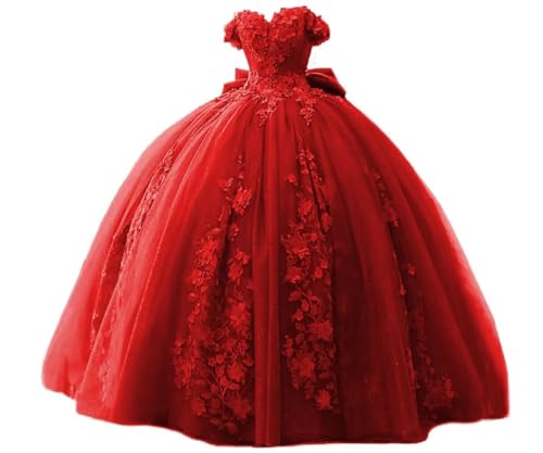 TRHTX Luxury Red Lace Quinceanera Dresses Ball Gown Puffy Off Shoulder Birthday Dresses for Women Lace Prom Dresses with Bow-Knot 10