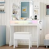 Vanity Desk with LED Lights Mirror & Power Outlet, Small Makeup Vanity Table Set with Storage Drawers & Chair, 3 Lighting Modes & Adjustable Brightness, Dressing Table for Women Girls Bedroom, White