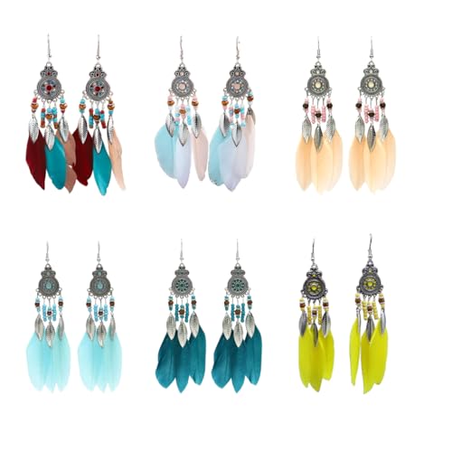 6 Pairs Bohemian Vintage Ethnic Style Drop Earings, Faux Feather Tassel Rhinestone Long Drop Dangle Earings for Women (Style A)