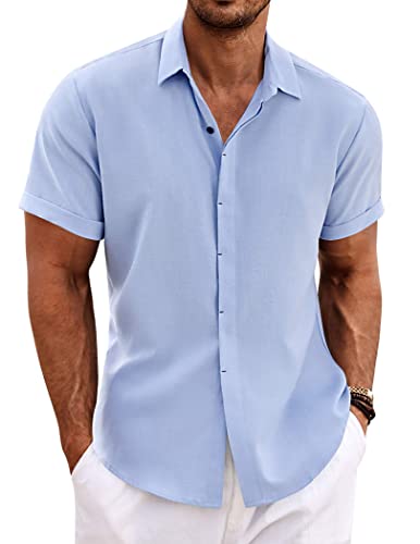 COOFANDY Men's Summer Linen Shirt - Casual Short Sleeve Button-Down Beach Wedding - Clear Blue