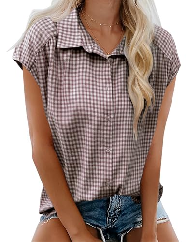 LOMON Womens Button Down Shirts Short Cap Sleeve Summer Cotton V Neck Collared Stripes Blouses Casual Plaid Tops Brown and White Plaid L