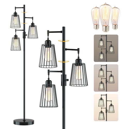 COFF Industrial Floor Lamp, 3 x 1200LM Edison LED Bulbs Included, Bright 3-Light Dimmable Floor Lamp, Farmhouse Tall Standing Lamp for Living Room, Bedroom Office Rustic Home Decor (Matte Black)