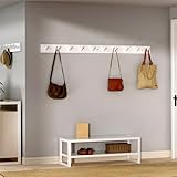 SKOLOO Wood Coat Rack Wall Mounted,10 Peg Long Bamboo Hook for Hanging Backpack Coat Towel Hat,16'' Hole to Hole,White