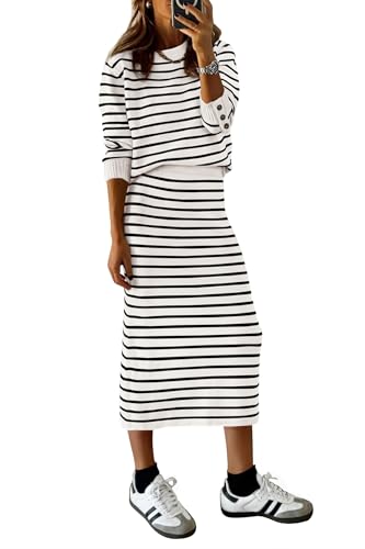 PRETTYGARDEN 2 Piece Skirts Sets For Women Fall Fashion 2025 Striped Sweater Dress Knit Lounge Travel Outfits Winter Clothing (White Stripe,Medium)