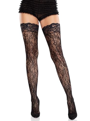 Leg Avenue Women’s Cross Hatch and Floral Lace Stay Up Thigh High Stockings for Women Sexy, Black, One Size