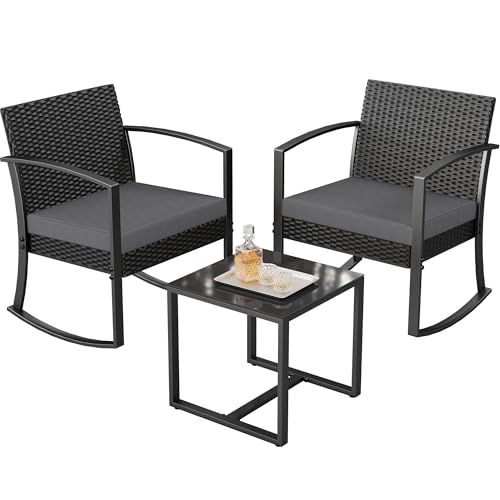 Greesum 3 Piece Patio Furniture Set, All-Weather Imitation Rattan Conversation Set, Outdoor Rocking Chair Bistro Set with Glass Top Coffee Table for Pool, Deck, Porch, Garden or Balcony, Grey