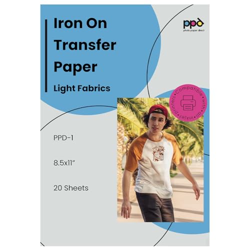 PPD Iron on Transfer Paper for Inkjet Printer for Light Fabric, 8.5 x 11 Printable Paper for Clothing, T Shirts and Cotton Textiles, Print and Cut Heat Transfer, DIY at Home, Washable (20 Sheets)
