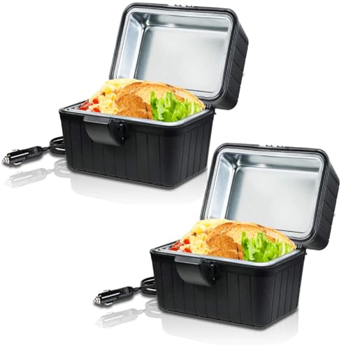 VaygWay 12V Portable Heating Lunch Box Electric Insulated Lunch Box Food Warmer Universal Perfect for Traveling, Picnics, Camping and On-site Lunch Break (2 Pack Black Portable Heating Lunch Box)