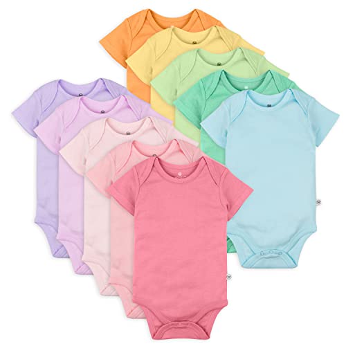 HonestBaby 10-Pack Short Sleeve Bodysuits One-Piece 100% Organic Cotton for Infant Baby Boys, Girls, Unisex, Rainbow Pinks, Newborn