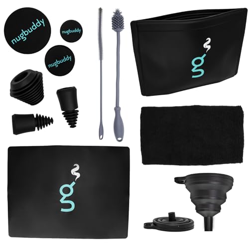 nugbuddy Glass Cleaning Kit - Reusable Silicone Accessories - Complete Kit to Clean your Piece, Just Add Cleaner - Reusable Soaker Bag, Brushes, Mat, Caps & Plugs, Funnel, & Microfiber Towel