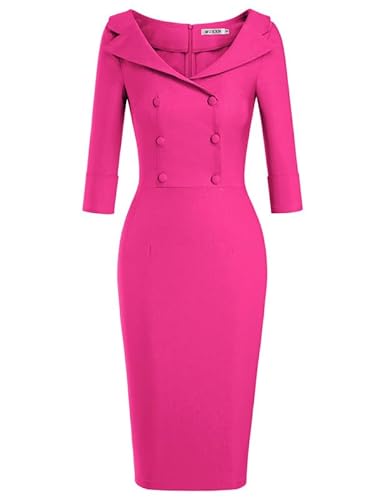 MUXXN Women's Classy Elegant 50s Midi 3/4 Sleeve Pencil V Neck Bodycon Fitted Casual Basic Wedding Guest Dress Hot Pink M