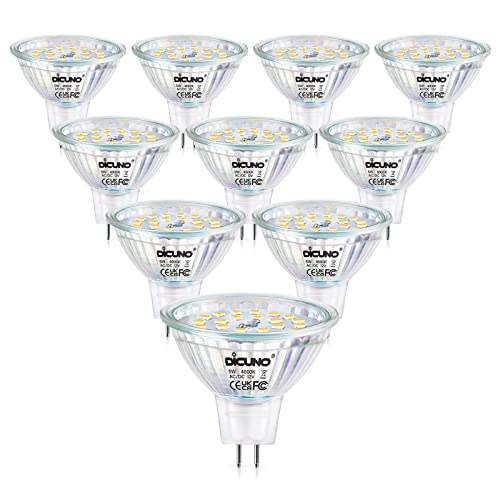 DiCUNO MR16 LED Bulbs Dimmable 50W Halogen Replacement 12V AC/DC 4000K Natural White, 5W GU5.3 Bi-Pin Base Glass Cover 120 Degree Beam Angle 500LM for Spotlights, Track, Landscape Lighting, 10 Packs