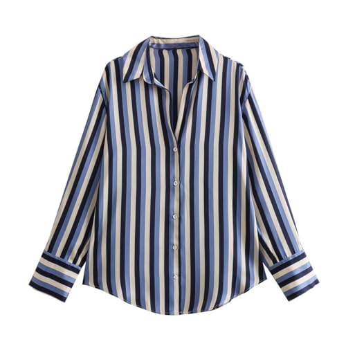 Coyqeoy Striped Loose Silk Satin Draping Blouse for Women Multicolor