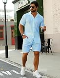 URRU Mens 2 Piece Short Set Summer Beach Outfit Fashion Shirt and Short Set Light Blue M