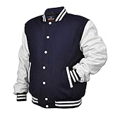 Men's Varsity Jacket Genuine Leather Sleeve and Wool Blend Letterman Boys College Varsity Jackets XS-5XL (US, Alpha, Large, Regular, Regular, Navy Blue/White)