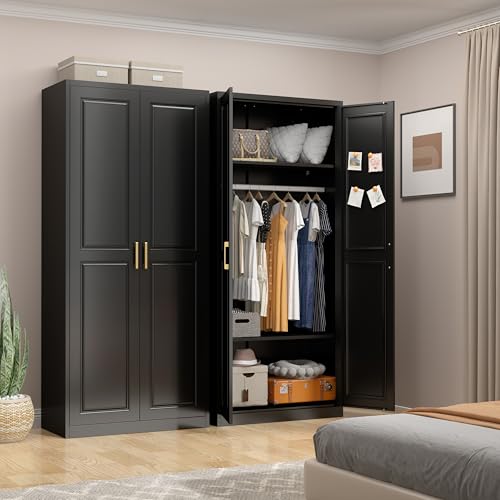 UNICOLY Armoire Wardrobe Closet with Doors, 71'' Wardrobe Cabinet with Hanging Rod, Metal Closet with 2 Adjustable Shelves for Bedroom School, Employee, Gym, Armarios De Ropa para Dormitorio, Black