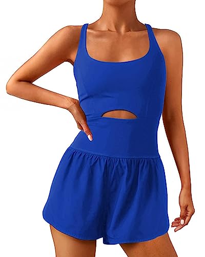 Wenlia Women Workout Romper Onesie with Padded Bras Sleeveless One Piece Outfits Shorts Atheletic Running Jumpsuit, Brilliant Blue