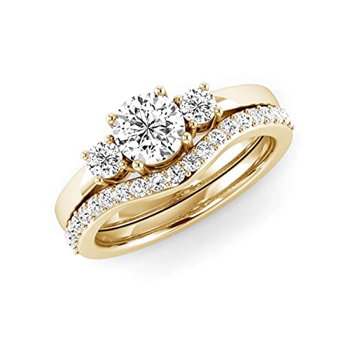 Near 1.00 Carat Diamond 14k Gold Engagement Ring Set For Women 3 Stone Bridal Ring Set 0.33cts Solitaire Round Diamond Pave Set Anniversary Wedding Bands (Color HI/Clarity I1-2) (yellow gold)