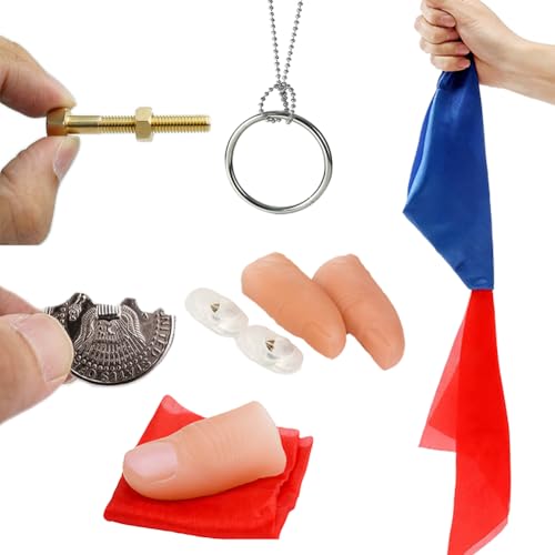 Neliky Magic Tricks Kit Including 6 Classic Tricks - Bite Coin, Color Change Silk, Disappearing Silk Fake Thumb,Magic Ring Chains,Magic Light Up Finger Thumb, Autorotation Rotating Nut