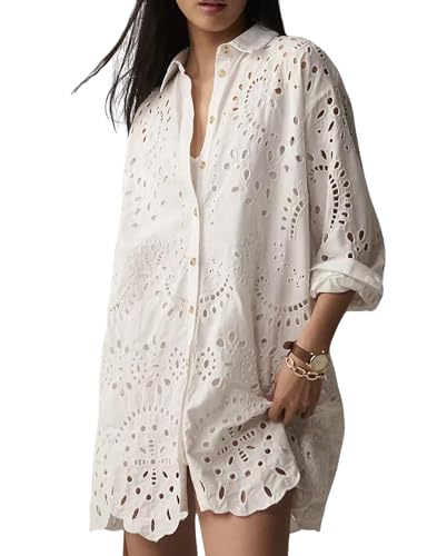 CHARTOU Women Eyelet Lace Dress Button Down Shirt Loose Fit Summer Casual Mini Dress (Medium,White)