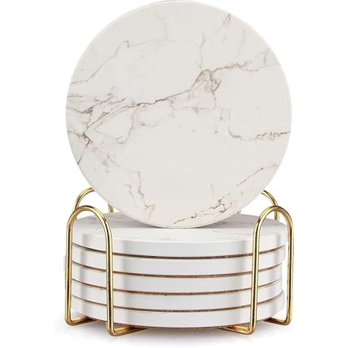 6 Pack White Marble Coaster Set with Holder Absorbent Drink Coasters Ceramic Cute Coaster Bar Dining Coffee Table Accessories Decor Gift Funny Cup Stone Modern Costers Cool Desk Beer Cork Coasters