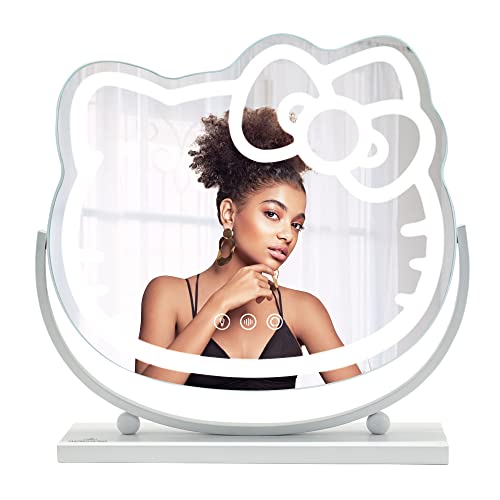 Impressions Vanity Hello Kitty Kawaii Desk Mirror with Lights and Adjustable Tilt, Multi Color Changing LED Strip Lighted Makeup Mirror with Touch Sensor Dimmer Switch for Desk