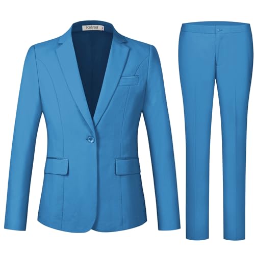 Kelyaa Women's 2 Piece Suit Notched Lapel One Button Slim Fit Business Office Work Tuxedo Blazer Pants Set Bright Blue