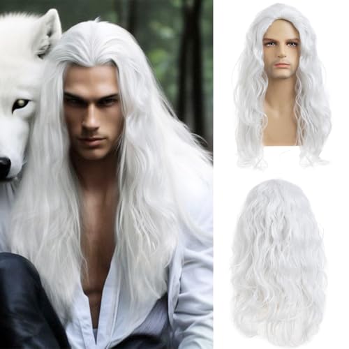 Sallcks Mens White Wig Long Curly Wavy Wig for Men Middle Part Synthetic Heat Resistant Hair Wigs for Daily Party Costume Halloween