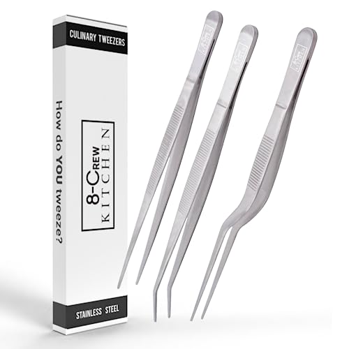 8-CREW KITCHEN Culinary Stainless Steel Tweezers, 6-inch Set of 3 Chef Precision Tongs for Plating, Decorating, Food Design, Bar and Multi-Purpose
