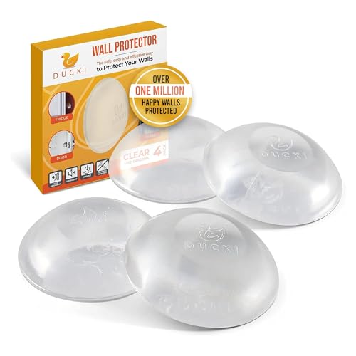 Ducki Door Stop Wall Protector | Self Adhesive Door Knob Wall Protectors from Door Knobs | Rubber Door Stoppers for Wall Damage & Noise | Durable, Shock Absorbent & Discreet | 4 Pack Clear Door Stops