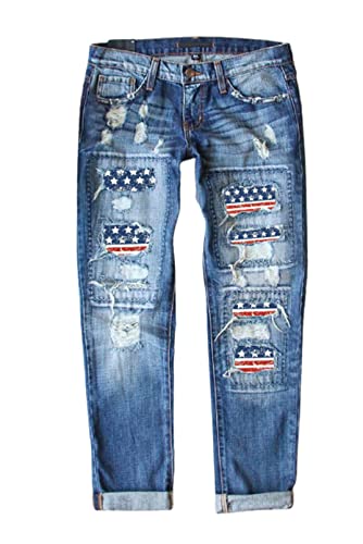 EVALESS American Eagle Ripped Jeans for Women Boyfriend Distressed Patchwork Print Mom Embroidered Jeans 2025 Fashion Wide Leg Losse Baggy Denim Bootcut Stretchy Pants with Hole Blue Large