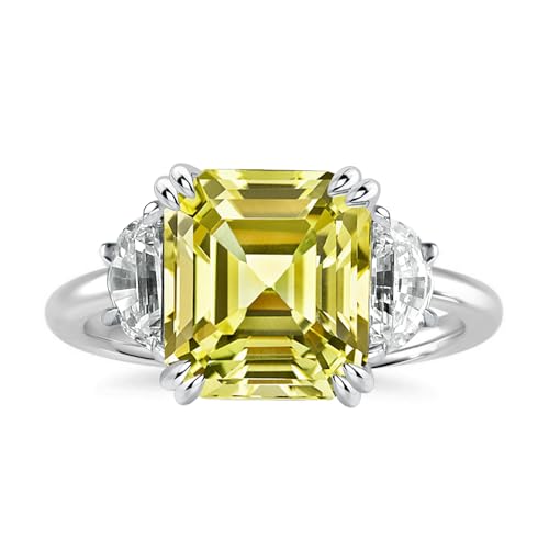 Effinny 4.5ct Canary Yellow/Emerald Green Engagement Ring for Women,Two-Tone Asscher Cut Three Stone Promise Ring in 925 Sterling Silver (Canary Yellow, 6.5)