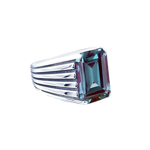 Gems Vibes 925 Sterling Silver Emerald Cut Alexandrite Ring For Men Statement Ring Color Chang Alexandrite Ring Best Gift For Him June Birthstone Signet Ring (Silver) Size 7